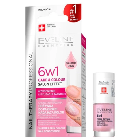 Eveline − Nail Therapy Professional, odżywka do paznokci 6w1 nadająca kolor Shimmer Pink − 5 ml