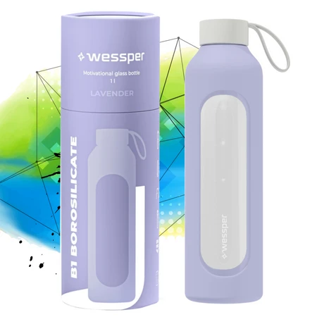 Wessper Butelka na wodę szklana motywacyjna z miarką BOROSILICATE lawendowa 1000 ml