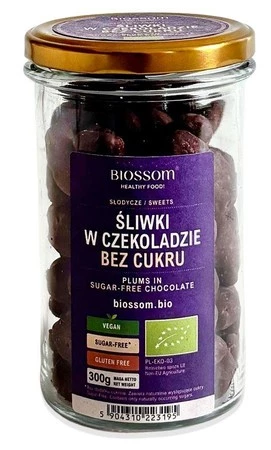 ŚLIWKI KALIFORNIJSKIE W CZEKOLADZIE BEZ DODATKU CUKRU BEZGLUTENOWE BIO 300 g - BIOSSOM