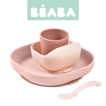 Beaba, Komplet naczyń z silikonu z przyssawką, pink