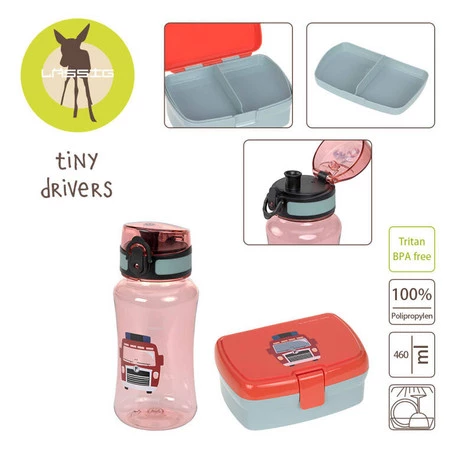 Lassig Zestaw śniadaniowy na lunch Lunchbox + Tritanowa butelka - bidon 460 ml Tiny Drivers Wóz strażacki