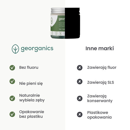 Georganics, Mineralny proszek do mycia zębów, z naturalnym składem, do codziennej pielęgnacji, smak drzewa herbacianego, 60 ml