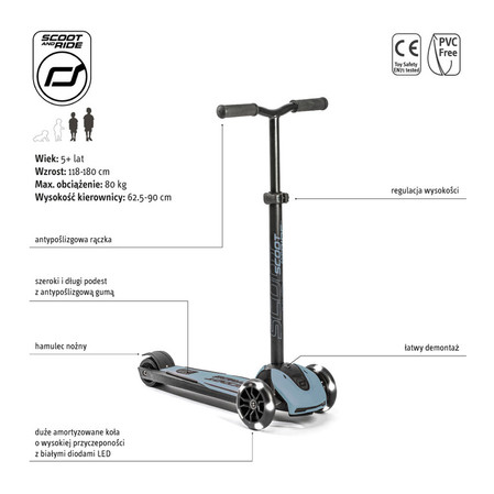 SCOOTANDRIDE Highwaykick 5 LED Hulajnoga trójkołowa balansowa ze świecącymi kółkami 5+ Steel
