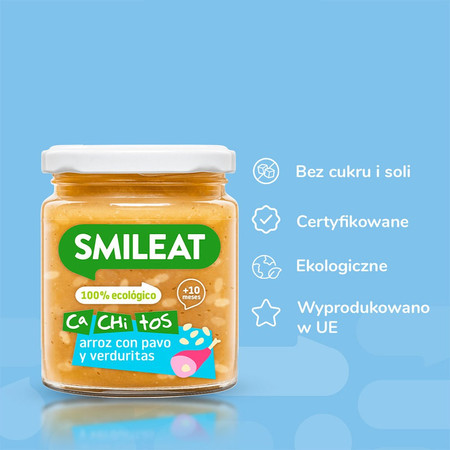Smileat, BIO Słoiczek z ryżem i indykiem z warzywami, małe kawałki 10m+, 230g