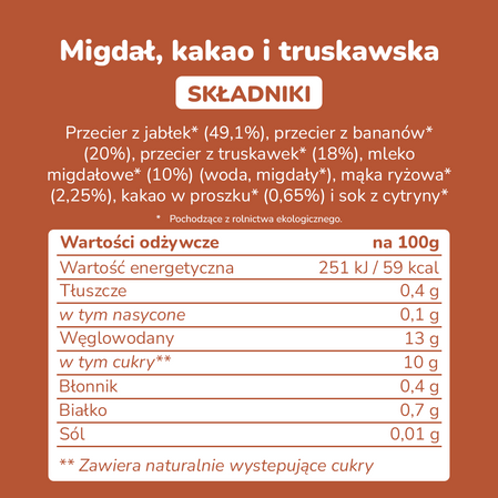 Smileat, BIO Mus z migdałami, kakao i truskawkami 9m+, 100g