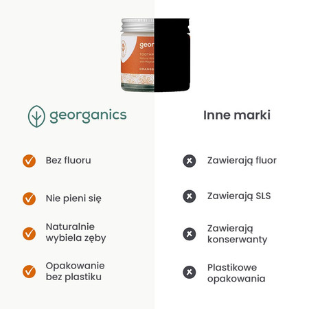 Georganics, Mineralny proszek do mycia zębów z naturalnym składem, do codziennej pielęgnacji, smak pomarańczowy, 60 ml