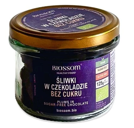 ŚLIWKI KALIFORNIJSKIE W CZEKOLADZIE BEZ DODATKU CUKRU BEZGLUTENOWE BIO 125 g - BIOSSOM