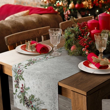 Obrus z gobeliny szenilowej ze świątecznym wzorem rozm.: 50 x 110 cm, kolor: popielaty