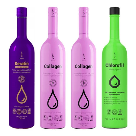 Zestaw mix DuoLife: 2x Kolagen w płynie 750ml, 1x Keratyna w płynie 750ml oraz 1x Chlorofil w płynie 750ml