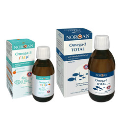 Zestaw Norsan: 1x Omega-3 TOTAL olej rybny kwasy tłuszczowe 200 ml smak naturalny i 1x Omega-3 Fisk dla dzieci 150 ml smak pomarańcza