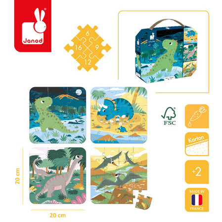 Janod Puzzle progresywne w walizce Dinozaury 4 układanki – 6, 9, 12 i 16 elementów 2+, Made in France (stary indeks: J02657)