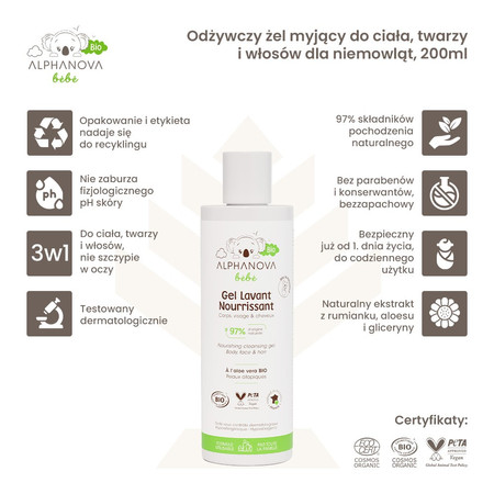Alphanova Bebe Bio, Odżywczy żel myjący do ciała, twarzy i włosów dla niemowląt, 200ml