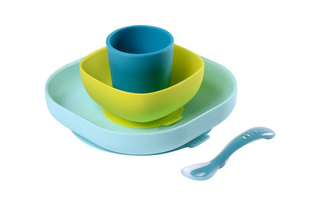 Beaba, Komplet naczyń z silikonu z przyssawką, blue