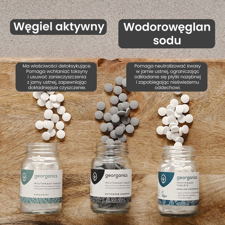 Georganics, Naturalne tabletki do płukania jamy ustnej, do codziennej pielęgnacji, z aktywnym węglem, 180 tabletek