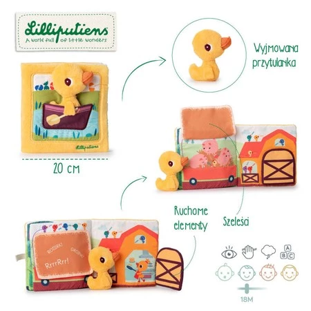 Lilliputiens Książeczka aktywizująca z mini-przytulanką Na farmie Kaczorek Gaspard 18 m+