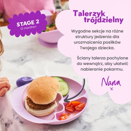 Nana's Manners, ETAP 2, Talerz silikonowy trójdzielny z przyssawką, fioletowy