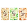 Zestaw smaków: 1x True Dates Creamy Peanut Butter 100g, 1x True Dates Sour Apple 100g i 1x True Dates Cinnamon Roll 100g