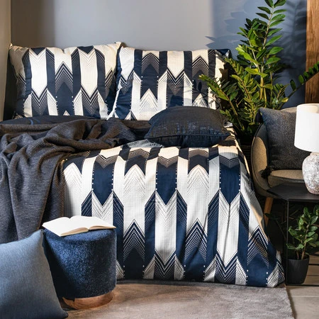 Komplet pościeli z makosatyny bawełnianej 160 x 200 cm, kolor biały, granat z geometyczny