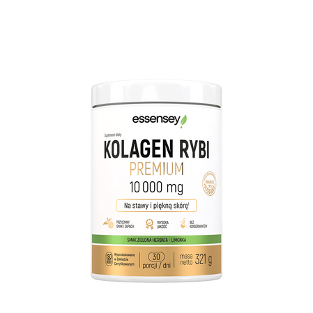 Essensey Kolagen Rybi 10000 mg na stawy, włosy z kwasem hialuronowym 321g smak zielona herbata