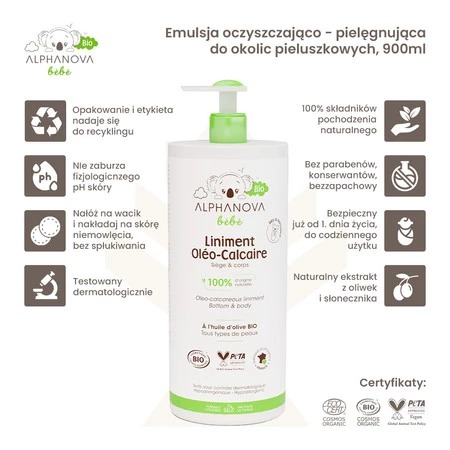 Alphanova Bebe Bio, Emulsja oczyszczająca z kompleksem pielęgnacyjnym do okolic pieluszkowych, 900ml