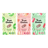 Zestaw smaków: 1x True Dates Sour Apple daktyle o smaku kwaśnego jabłka 100g, 1x True Dates Sweet Peach daktyle o smaku słodkiej brzoskwini 100g i 1x True Dates Watermelon daktyle o smaku arbuza 100g 