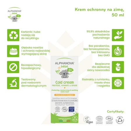 Alphanova Bebe Bio, Cold Cream, Krem do twarzy na zimę dla dzieci, 50 ml