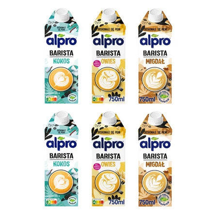 Zestaw mix smaków Alpro: 2x Napój Owsiany Barista 750ml, 2x Napój Migdałowy Barista 750ml i 2x Napój Kokosowo-Sojowy Barista 750ml