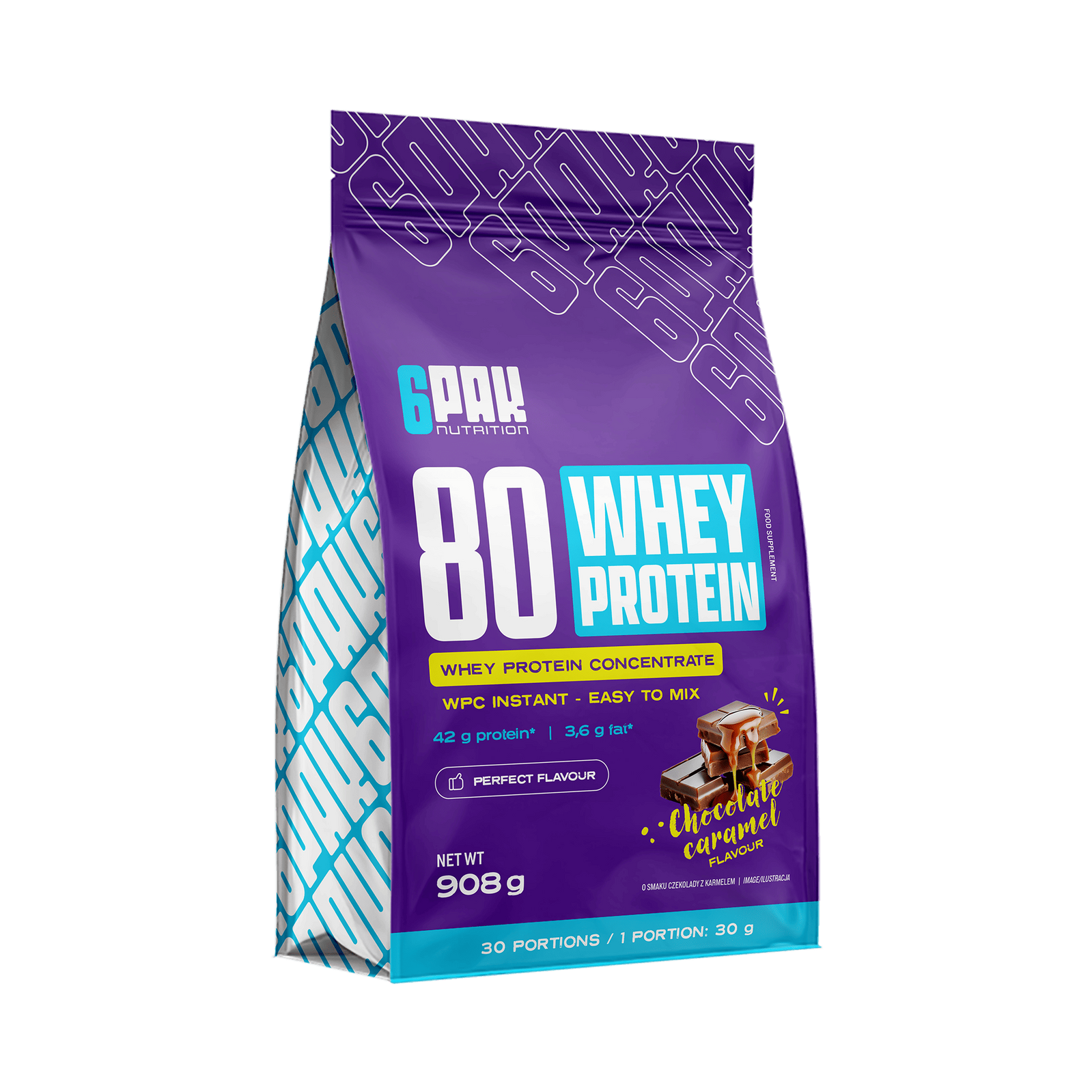 6PAK 80 WHEY PROTEIN odżywka białkowa WPC 908 g smak czekolada - karmel - Nabea.pl