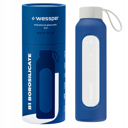Wessper Butelka na wodę szklana motywacyjna z miarką BOROSILICATE granatowa 500 ml
