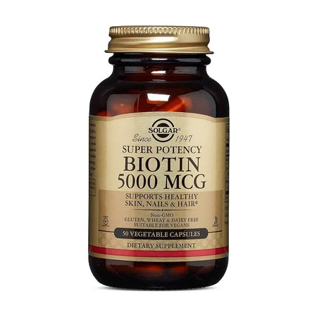 Solgar Biotin 5000 mcg na wsparcie poprawy kondycji włosów 50 kaps.
