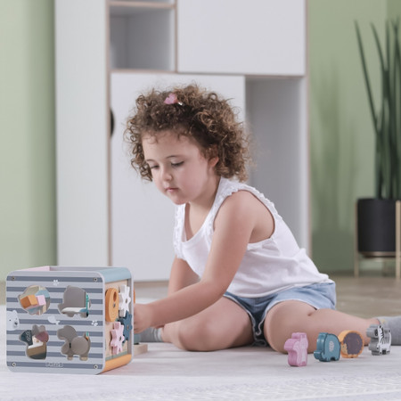 Viga Toys − PolarB Activity Box, drewniane edukacyjne centrum gier 5w1 kostka