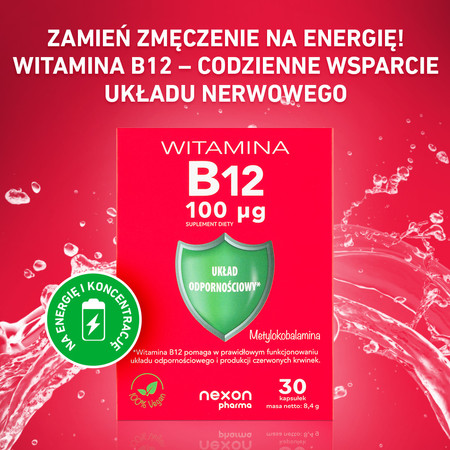 Nexon Witamina B12 100μg wspiera prawidłowe funkcjonowanie organizmu 30 kaps.