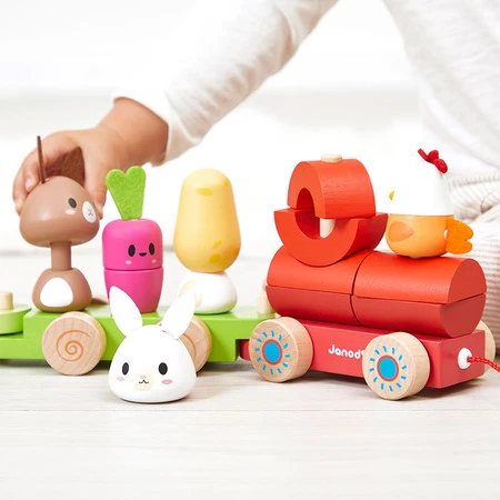 Zestaw drewniane klocki - pociąg z figurkami Farma dla dzieci, 12m+, Janod