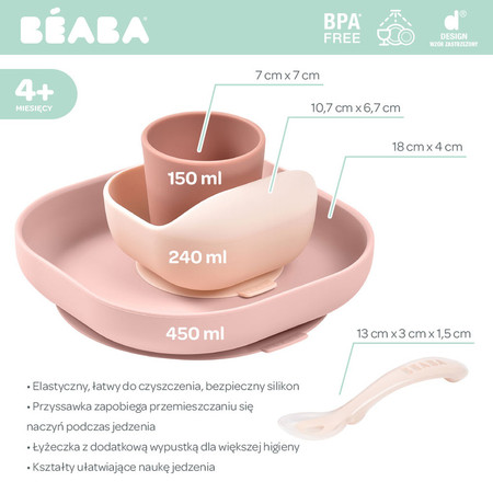 Beaba, Komplet naczyń z silikonu z przyssawką, pink