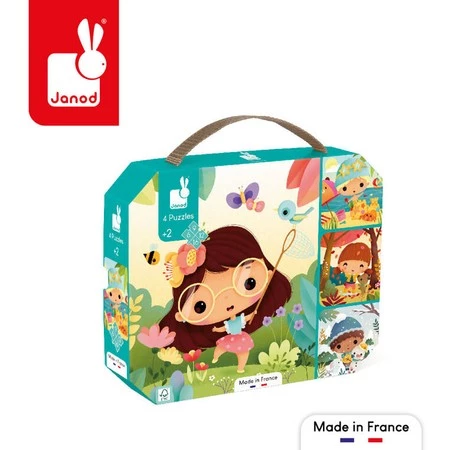 Janod Puzzle progresywne w walizce Pory roku 4 układanki – 6, 9, 12 i 16 elementów 2+, Made in France (stary indeks: J02658)