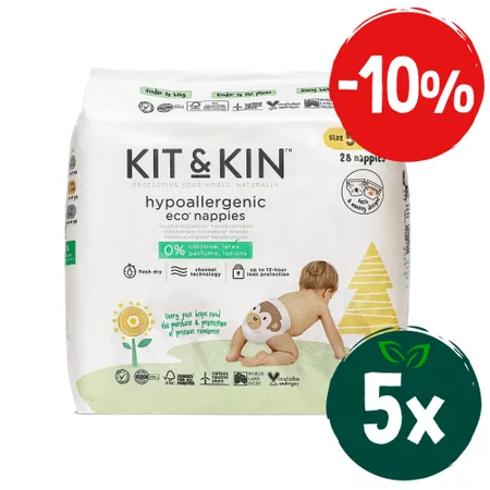 Zestaw: 5x Kit and Kin, Biodegradowalne Pieluszki Jednorazowe 5 Junior (11kg +), Koala/Monkey, 28 szt.