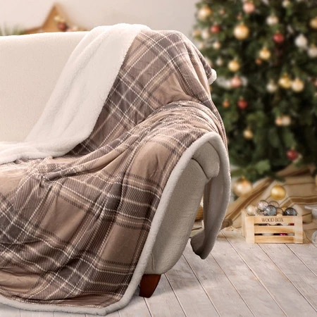 Koc Sherpa 150x200 skandynawski beżowy w kratę