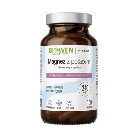 Biowen Magnez z potasem 4Xmg wsparcie dla energii, mięśni i układu nerwowego 100 kaps.