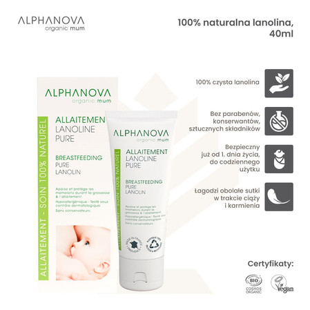 Alphanova Organic Mum, Lanolina na brodawki, 100% naturalna, 40 ml
