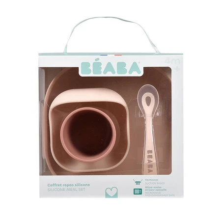 Beaba, Komplet naczyń z silikonu z przyssawką, pink