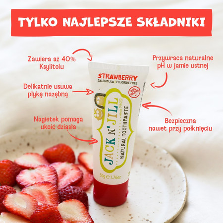 Jack N' Jill, Naturalna pasta do zębów dla dzieci o smaku malinowym bez fluoru, 6m+, 50 g