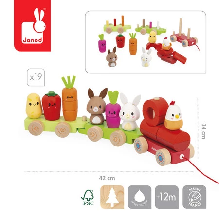 Zestaw drewniane klocki - pociąg z figurkami Farma dla dzieci, 12m+, Janod