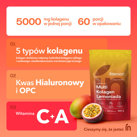 Zestaw Intenson: 1x Multi Kolagen Lemoniada Witamina C, Kwas Hialuronowy o smaku mango marakuja 220g i 1x Kreatyna Monohydrat 255g pure