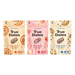 Zestaw smaków: 1x True Dates Cinnamon Roll 100g, 1x True Dates Sweet Peach 100g i 1x True Dates Cookie Dough 100g