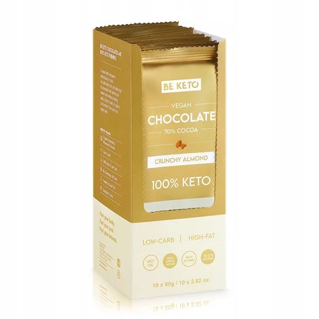 BeKeto Wegańska Keto Czekolada z olejem MCT chrupiący migdał 80g x10