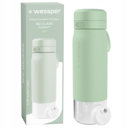 Wessper Butelka szklana na wodę filtrująca B2 GLASS Actitex miętowa 700 ml