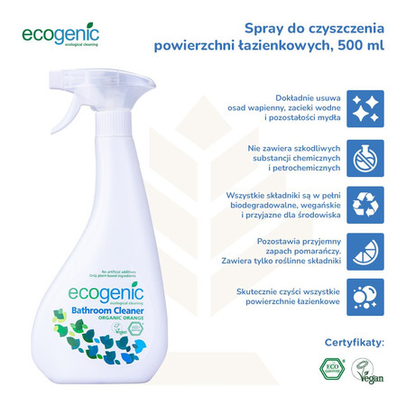Ecogenic, Spray do czyszczenia powierzchni łazienkowych, Pomarańcza, 500 ml