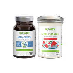 Zestaw Biowen: 1x ADEK Complex + 90 kaps. i 1x Elektrolity Vital Charge+ proszek 250 g smak malina