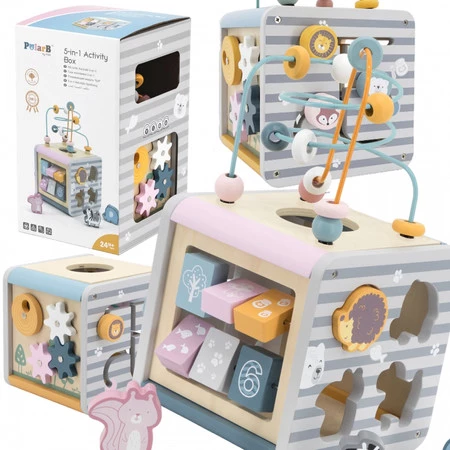 Viga Toys − PolarB Activity Box, drewniane edukacyjne centrum gier 5w1 kostka