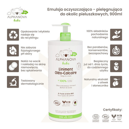 Alphanova Bebe Bio, Emulsja oczyszczająca z kompleksem pielęgnacyjnym do okolic pieluszkowych, 900ml